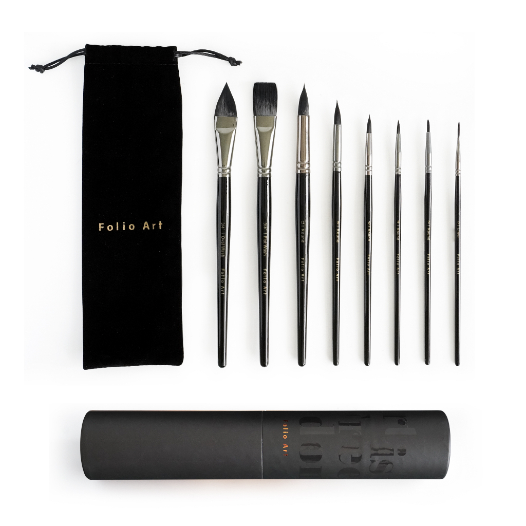 FOLIO ART : ชุดพู่กันสีน้ำ Folio Art Brush เซต 8 ด้าม พร้อมกระบอกและกระเป๋าใส่พู่กัน สำหรับสีน้ำ 93018