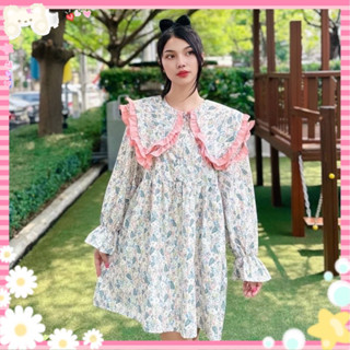 Flower Dress พร้อมส่ง เดรสคอบัวลายดอกไม้ แขนยาว มี2สี มีซับใน เดรสลายดอกไม้ เดรสกระโปรง งานป้ายypy