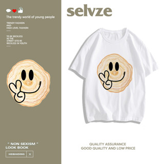 SELVZE （พร้อมส่งจากกทม มาถึงใน 3วัน）พิมพ์รอยยิ้มการ์ตูน ผ้าฝ้ายแท้ เสื้อยืด สุภาพสตรี เรียบง่ายสบาย ๆ ท็อปส์ซูหลวม A0771