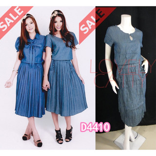 SaLe++ (อก37) D4410 D-Nine เดรสผ้ายีนส์ สีสนิม คอเจาะ เอวยางยืด กระโปรงยาวอัดพรีท มีกระเป๋ากระโปรง