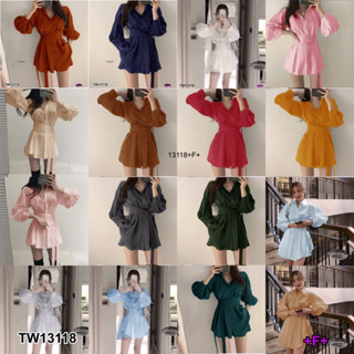 MM13118 Set 3ชิ้น Set 3 ชิ้น เสื้อแขนยาวคอปก+กางเกงขาสั้น+สายคาดเอว Set of 3 pieces Set of 3 pieces: long sleeve shirt,