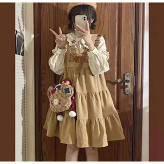 มินิเดรสแขนยาวแต่งระบายทูโทน ปักลายน้องหมี อก30-40นิ้ว