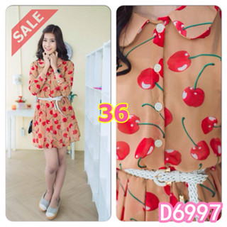 SaLe (อก36) D6997 ทองย้อย เดรสผ้าชีฟองพิมพ์ลายเชอรี่น่ารักสดใส ตัวเสื้อคอบัวมนติดกระดุมหน้า เอวยางยืด