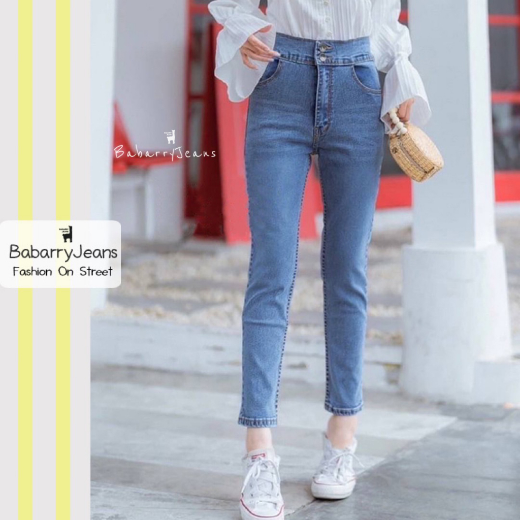 BabarryJeans มีบิ๊กไซส์ S-5XL กางเกงยีนส์ เอวสูง ผ้ายืด ยีนส์ทรงบอย เก็บทรงสวย กระดุมคู่ สียีนส์ฟอกอ่อน