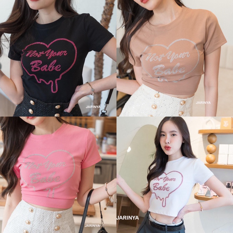 พร้อมส่ง 🔥 เสื้อครอปแขนสั้น ปักเพชร baby tee,baby crop ป้าย jarinya 💛