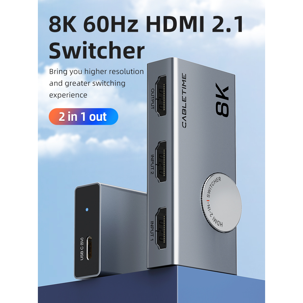 CABLETIME 2-in-1 HDMI 2.1 SWITCH รองรับ 8K60Hz รองรับ3D, Dynamic HDR, VRR, CEC Dolby, Atmos