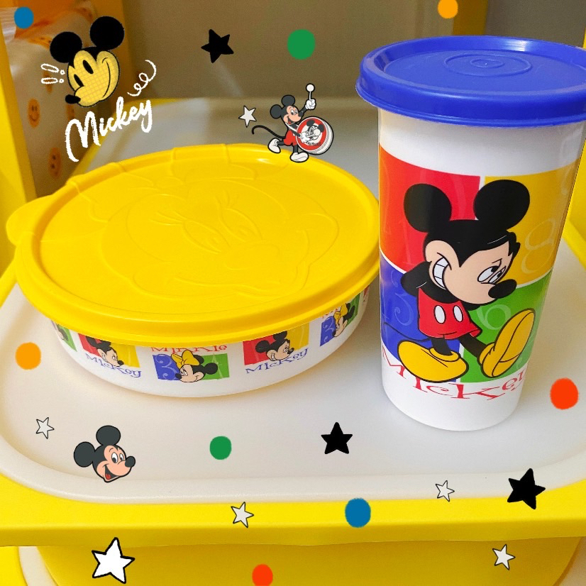 🟡เซตกล่องใส่อาหารและแก้วนํ้า tapperware ลาย mickey&minnie ขายเหมา✌️ของมือสองน้าา