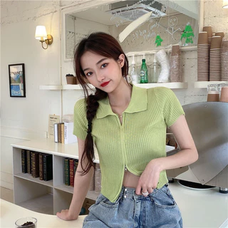 พร้อมส่ง💗เสื้อคอปกแขนสั้นไหมพรม ซิปรูดได้ทั้งบนและล่าง​