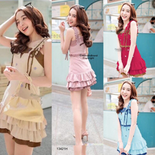 MM13421 เดรสแขนกุด สายเดี่ยวระบาย ผูกโบว์ไหล่ กระโปรงต่อชายระบายติดดอก Sleeveless dress, single strap, ruffle, shoulder