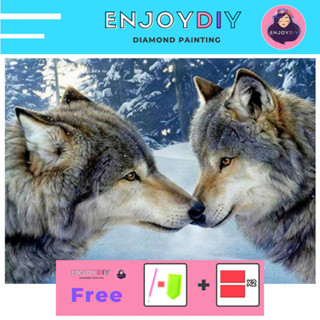 ครอสติสคริสตัล 5d diy diamond painting แบบเม็ด ลาย หมาป่าคูู่่รัก ติดเต็ม เม็ดกลม EnjoyDIY พร้อมส่งจากไทย