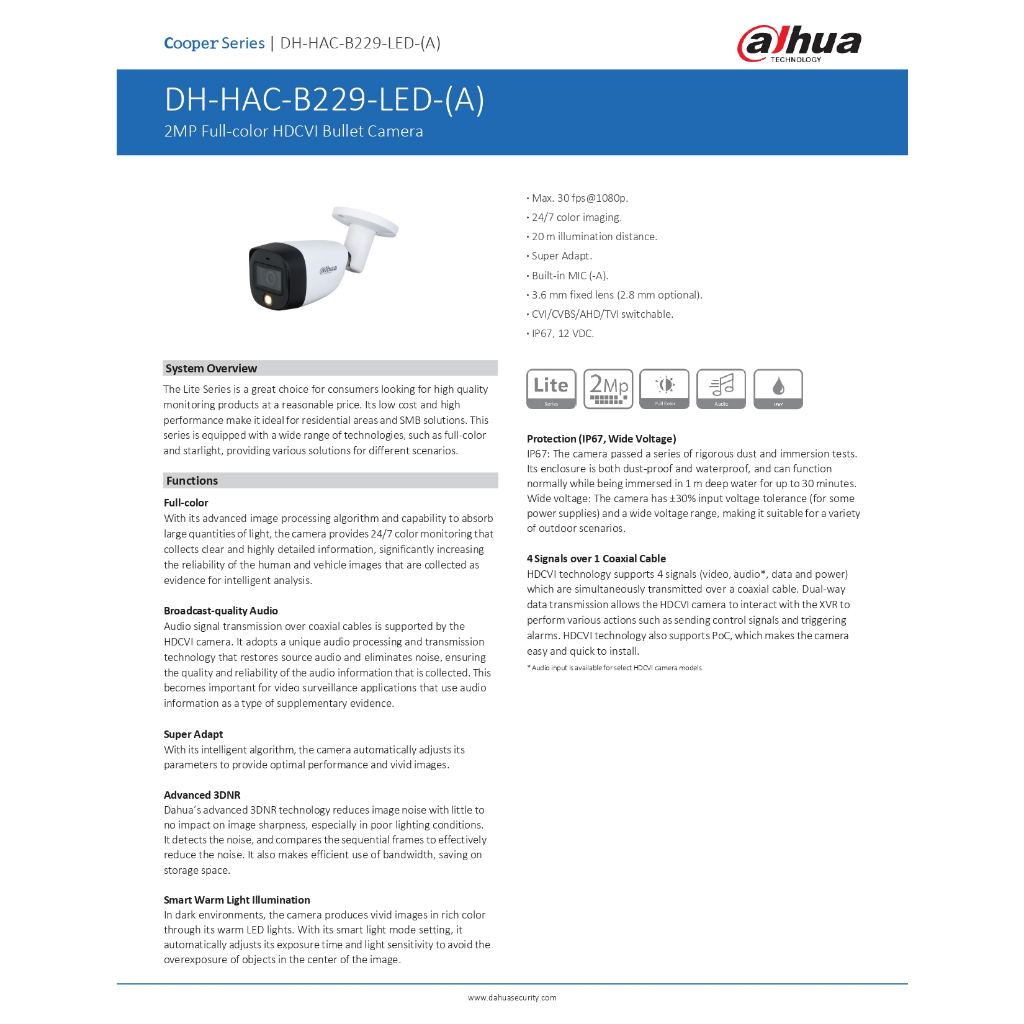 DAHUA กล้องวงจรปิด 2MP มีไมค์ในตัว รุ่น HAC-B229-LED-A เลนส์ 3.6mm ...
