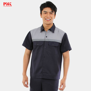 เสื้อช็อปทูโทน สีกรมท่าตัดต่อเทา-U05CSH003