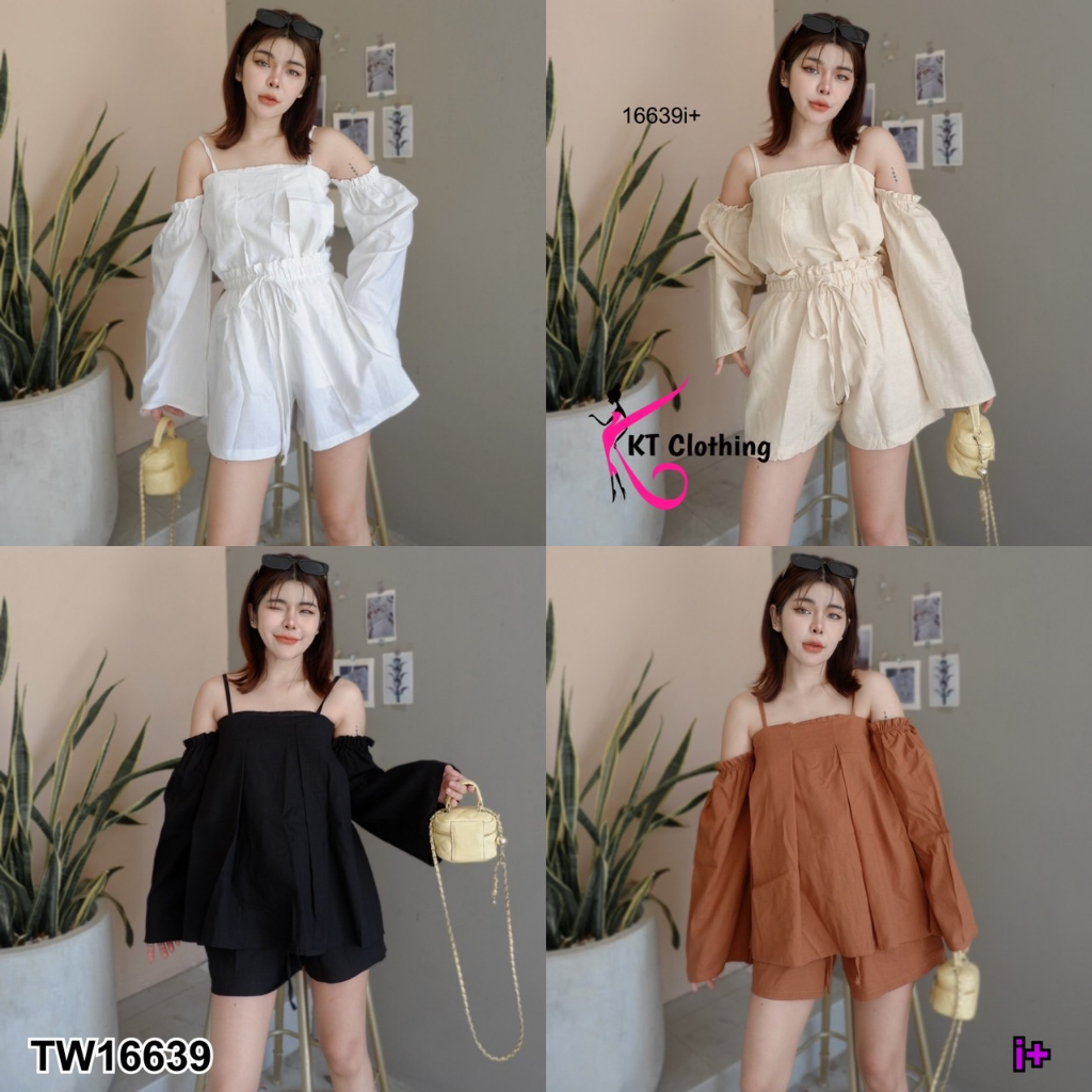 MF16639 เซทเสื้อเกาะอกสายเดี่ยวดึงยางด้านหลัง เพิ่มดีเทลแขนยาวแบบเปิดไหล่ ดึงยางช่วงบน มาพร้อมกางเกงขาสั้นเอวยางยืด จับ