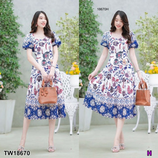 TT18670 เดรสแขนตุ๊กตาลายดอกเชิง Flower pattern doll sleeve dress..