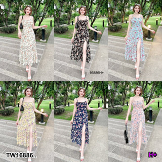 SS16886 เดรสยาว แขนกุด สายปรับได้ กระโปรงทรงผ่าหน้า Long dress, sleeveless, adjustable straps, front slit skirt.