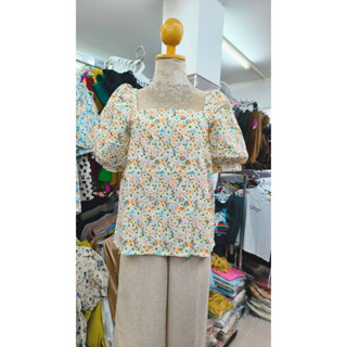 เสื้อฉลุลายดอกแขนพอง  คอเหลี่ยม ยางไหล่ (f1) เสื้อฉลุงานป้ายfight เสื้อฉลุLace Blouseลายดอก