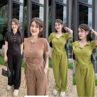 👗one_shop👗 พร้อมส่ง   #ผ้าเปลือกไม้ พลีทเนื้อยืดผ้าดี#  SET2ชิ้น เสื้อ รูดข้าง +ขายาว งานสวยแป๊ะ ทรงเสื้อเก็บหุ่น ดูดี