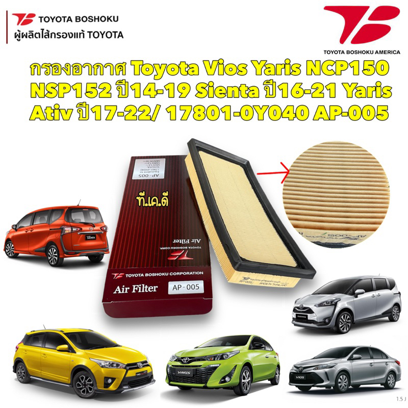 TKD กรองอากาศ Toyota Boshoku Toyota Vios Yaris NCP150 NSP152 ปี14-21 Sienta ปี16-21 Yaris Ativ ปี17-22/ AP-005