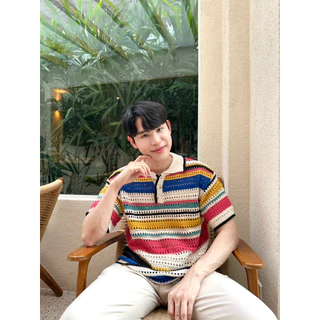 เสื้อคอปก แขนสั้น ลายริ้วฉลุรุ้ง สไตล์เกาหลี C43