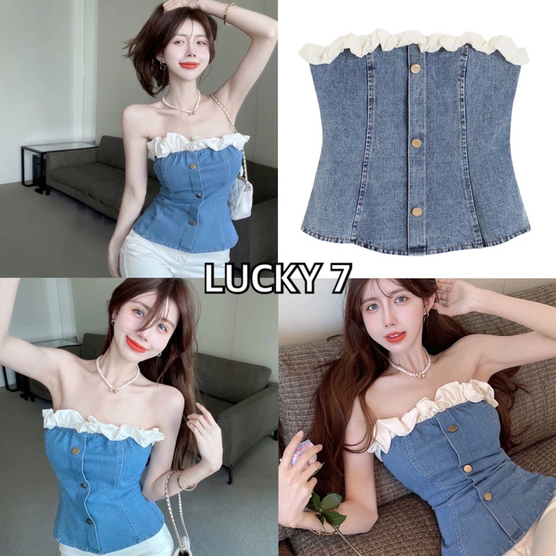 BY IRA Whippingcream Denim tube top  (23105) เกาะอกยีนส์แบบบางสม็อคหลัง เข้ากับทุกการแต่งกาย แฟชั่นฤดูร้อน สไตล์ใหม่