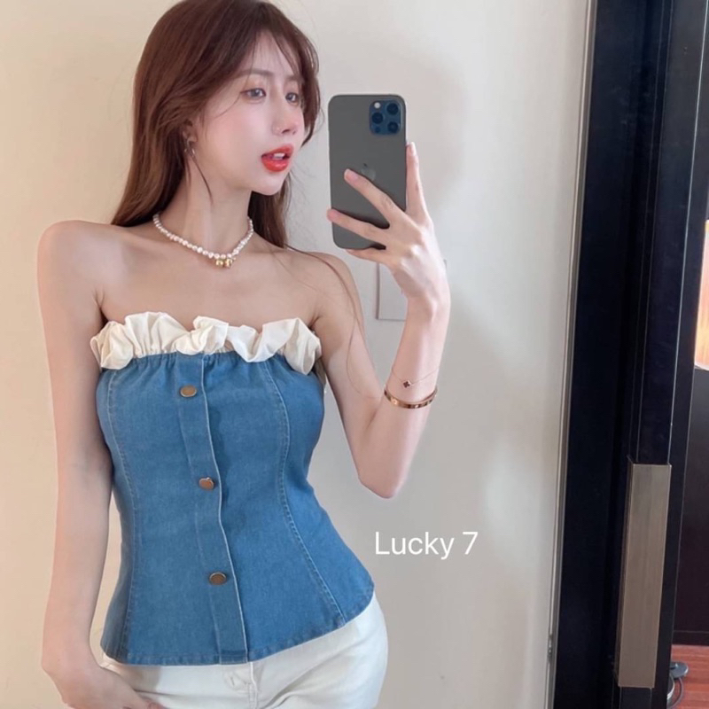 BY IRA Whippingcream Denim tube top  (23105) เกาะอกยีนส์แบบบางสม็อคหลัง เข้ากับทุกการแต่งกาย แฟชั่นฤดูร้อน สไตล์ใหม่ - รูปที่ 3