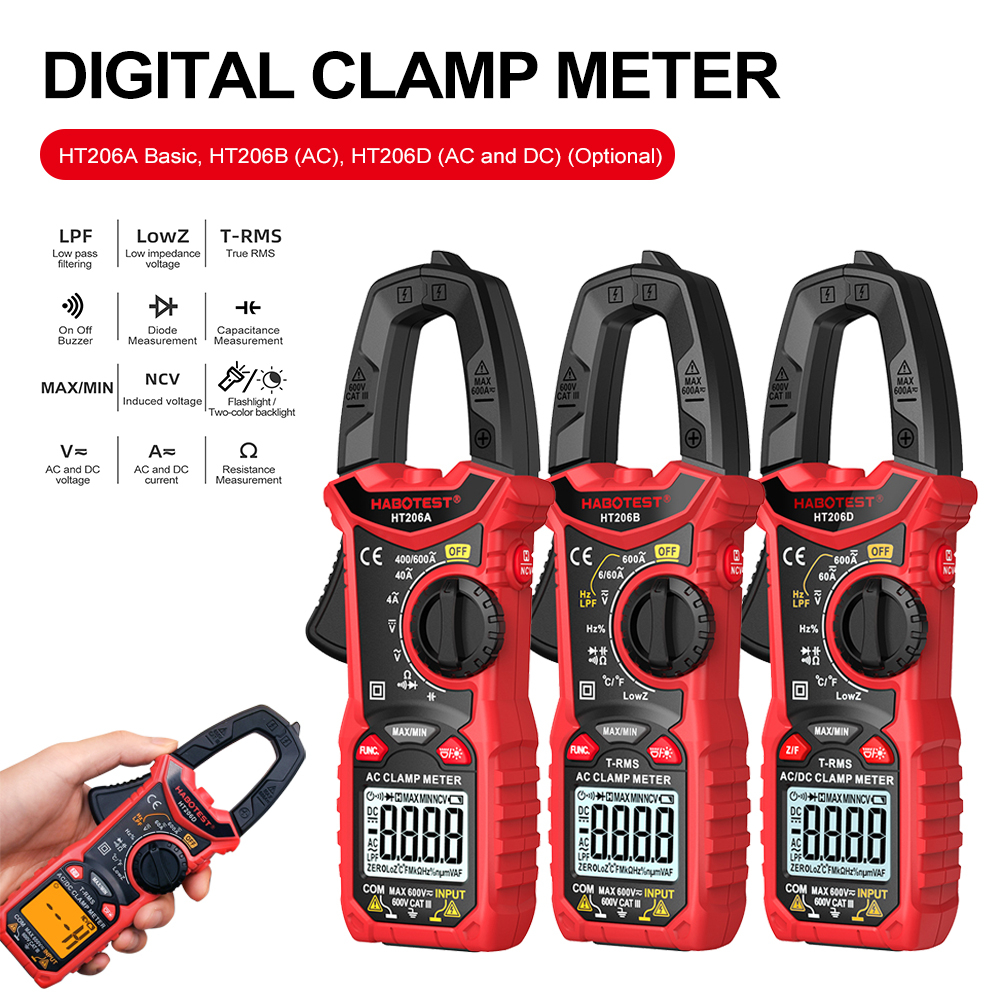 ดิจิตอลแคลมป์มิเตอร์ HT206A HT206B HT206D 600A AC DC ปัจจุบัน 2 สี Backlight NCV โวลต์มิเตอร์แอมมิเต
