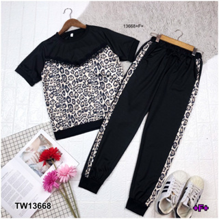 MM13668 Set 2 ชิ้น เสื้อแขนสั้นแต่งลายเสือ + กางเกงขายาวแถบข้าง	 Set 2 pieces: short-sleeve top with tiger pattern + sid