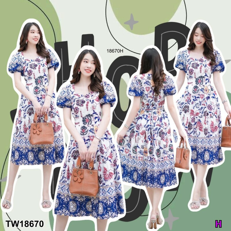 B18670 เดรสแขนตุ๊กตาลายดอกเชิง  Flower pattern doll sleeve dress..