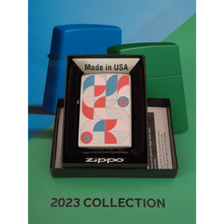 ZIPPO 48712 GEOMETRIC DESIGN  SATIN CHROME COLOR IMAGE   สีเงินผิวโครเมี่ยม ลายแบบสกรีน ของใหม่ไม่ผ่านการใช้งานของแท้