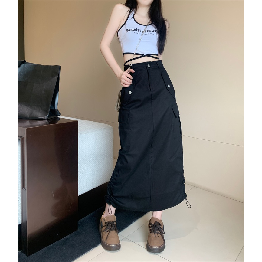 Cicishop(1038)กระโปรงคาร์โก้ตัวยาว สีพื้น ดีเทลด้านข้างมีเชือกปรับระดับ ใส่แล้วสวยแบบสับๆ