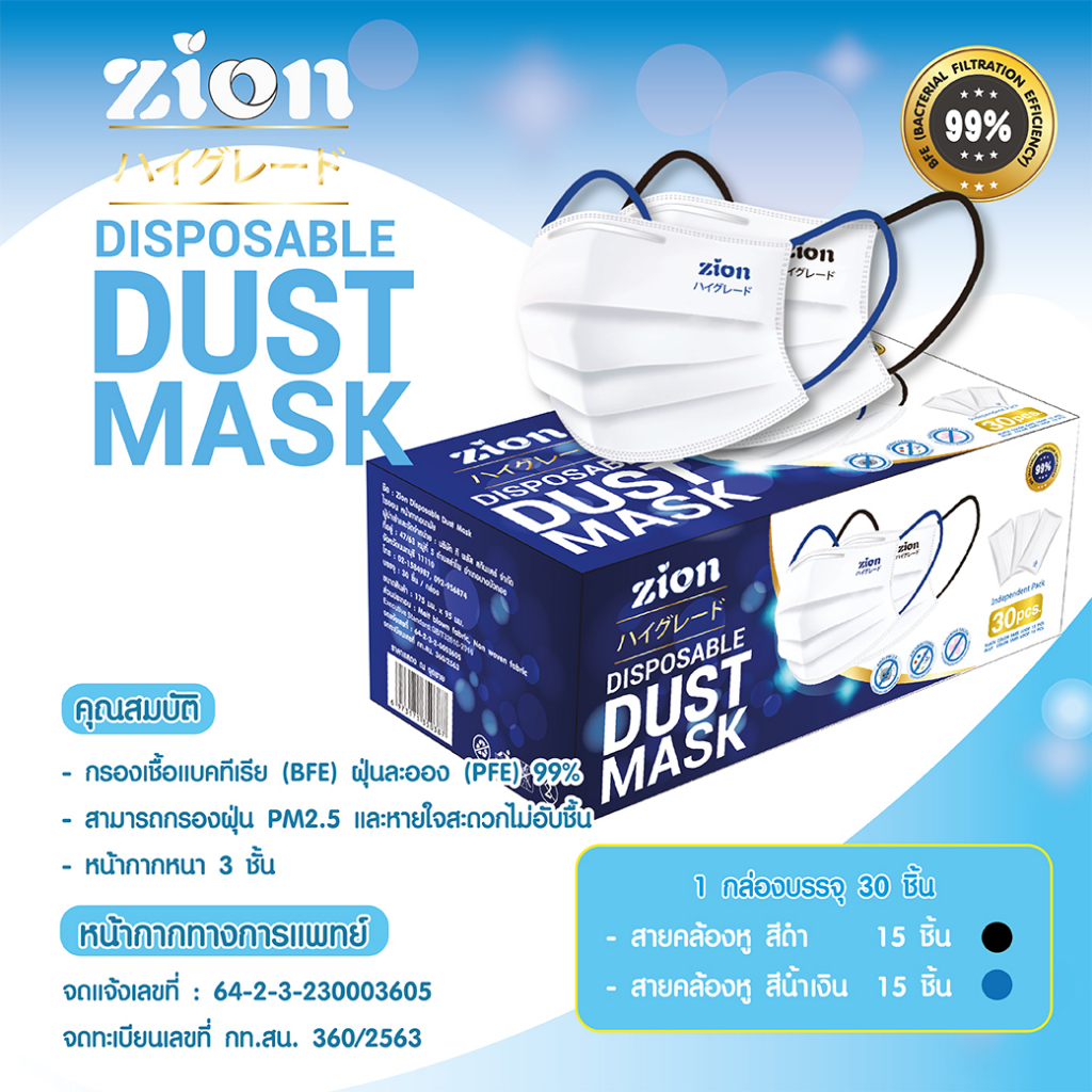 Zion Mask หน้ากากอนามัยสีชาว แบบหูสีดำและน้ำเงิน .