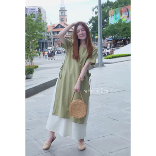 Nana’s Craft เดรสพลัสไซส์แขนสั้น ผูกเชือกด้านข้าง ผ้าฝ้ายเกาหลี ทรงมินิมอล (1 ชิ้น ตัวด้านนอก)