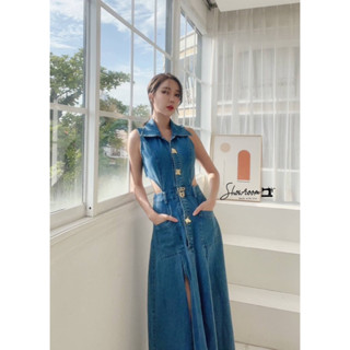 𝙙𝙧𝙚𝙨𝙨 เดรสยาวผ้ายีนส์ฟอกสีสวย ดีไซน์เริ่ดแขนกุด คอปก เจาะเว้าช่วงเอวให้เวลาสวมใส่ดูมีเชฟ