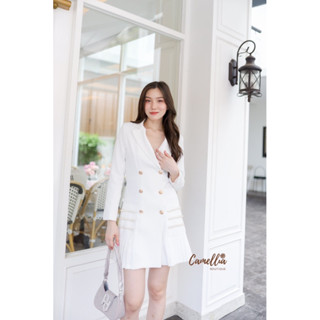 CAMELLIABOUTIQUE : CM134 เดรสสูท แขนยาวชายจีบระบายรอบตัวแต่งมุกที่ชายกระโปรง