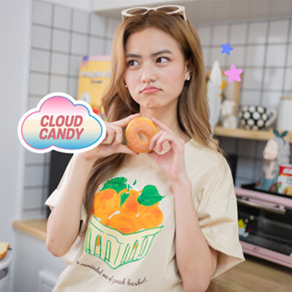 Cloudcandy เสื้อครอป เอวลอย CROP Oversize แขนสั้น คอกลม ผ้าคอตตอน สกรีนลาย PEACH 🍑