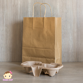 [PaperBag+รังไข่] ถุงกระดาษมีหูหิ้ว สีน้ำตาล ขนาด 21x11x29 ซม. + รังไข่สองช่อง - 1 แพ็ค จำนวน 50 ชุด