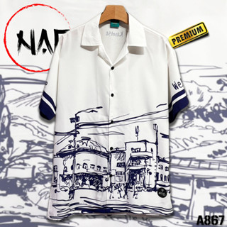 เสื้อฮาวาย ลายเส้นเมืองภูเขา A867 ผ้าไหมอิตาลีแท้