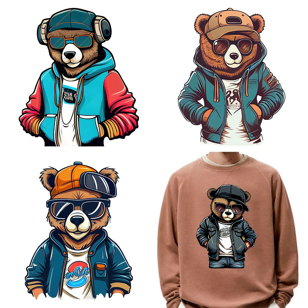 ตัวรีดติดเสื้อ JM1 ลายหมีเทห์สุดคูล Hustle Bear & Bad Guy รีดง่ายแผ่นฟิมล์รีดร้อนติดเสื้อ
