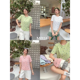 ETY SHoP รุ่น M011เสื้อยืดแขนสั้นผู้หญิงเสื้อไหมพรมคอกลมลายทางสไตล์เกาหลี