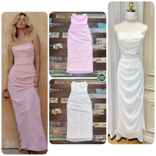 เดรสเกาะอก ทรงสอบยาวย่นข้างด้านหน้าแหวกสูง ชมพู,ขาว ( pink, white )