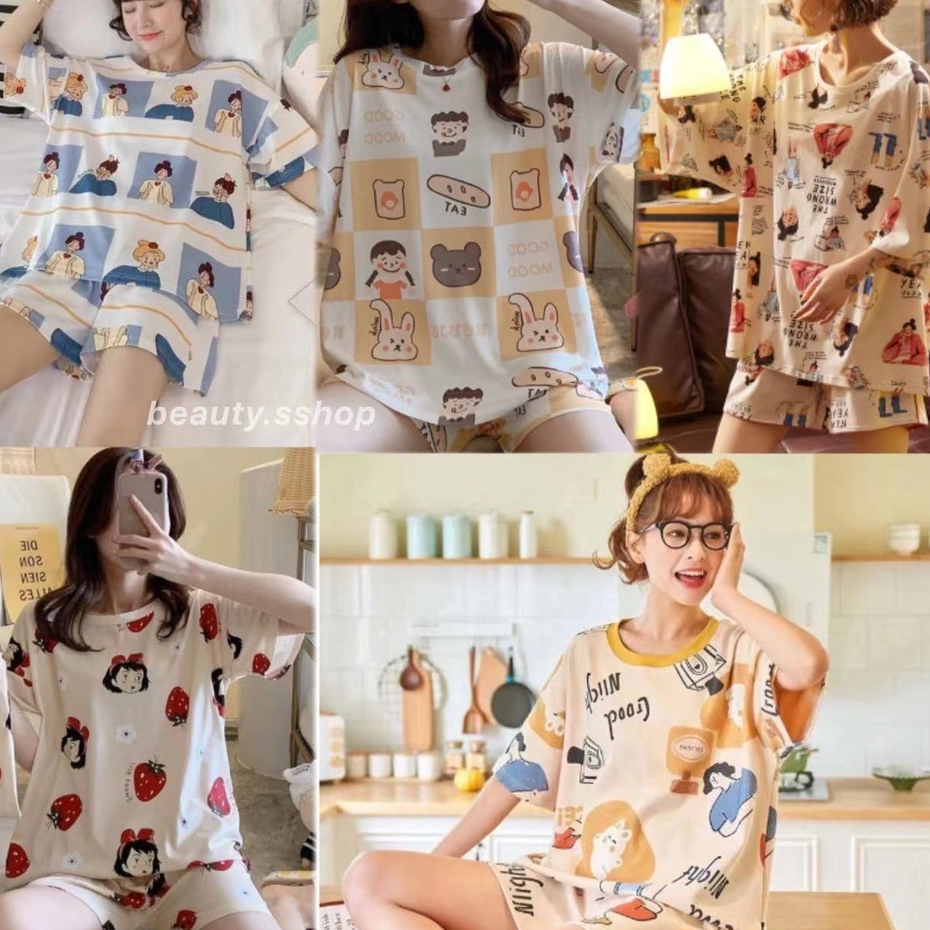 ชุดนอน คอกลมเสื้อแขนสั้น+ขาสั้น ลายการ์ตูน ผ้าคอตตอน เนื้อผ้านิ่ม ใส่สบาย