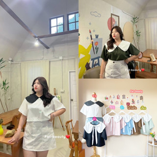 F0009 เสื้อสไตล์มินิมอลทรงเอแต่งปก ด้านหลังผูกโบว์ที่คอเพิ่มความหวาน plussize สาวอวบ