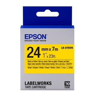 เทปพิมพ์ อักษร ฉลาก ไวนิล Epson LK-6YBVN อักษรดำบนพื้นไวนิลเหลือง 24 มม. ความยาว 7 เมตร