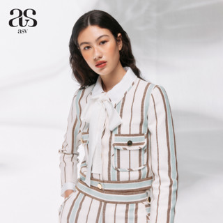 [asv pf23] Jamille Multi Striped Jacket เสื้อแจ็คเก็ตผู้หญิง ตัดต่อผ้า คอปก แขนยาว ตกแต่งกระเป๋าหน้า แต่งกระดุมทอง