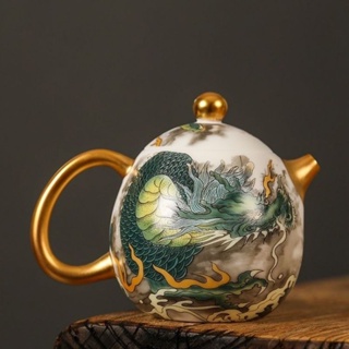 Jingdezhen master Zhou Hongjie hand-gilded 24K pure household gold teapot hand-painted dragon single pot tea set retro