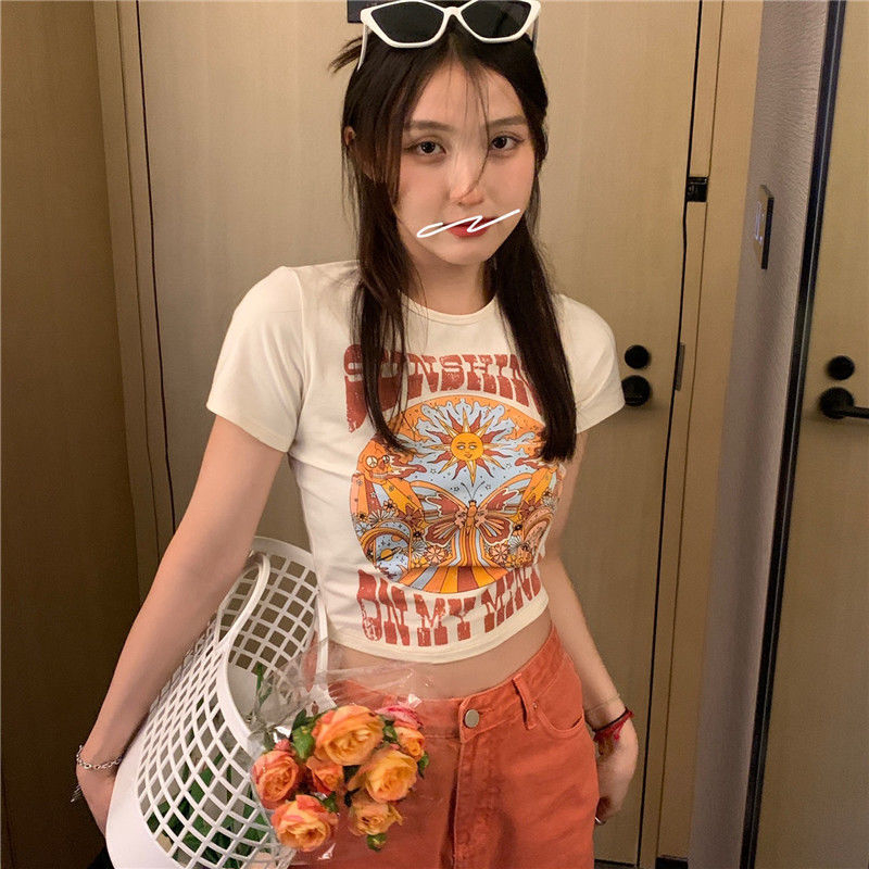 พร้อมส่ง เสื้อยืด เสื้อยืดวินเทจ พิมพ์ลาย สีทูโทน เชิ้ตสไตล์Y2K แฟชั่นฤดูร้อน #2241