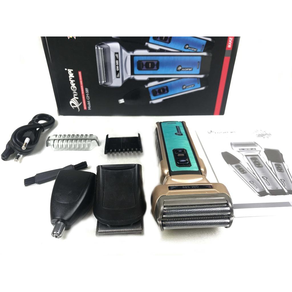 Gemei ชุดปัตตาเลี่ยนตัดผม โกนหนวด ตัดขนจมูก&ขนหู 3 in 1 เปลี่ยน 3 หัว GM-589 มอเตอร์ Pd Alloyโกนหนวดใบมีดฟอยล์คู่ –สีทอง - รูปที่ 2
