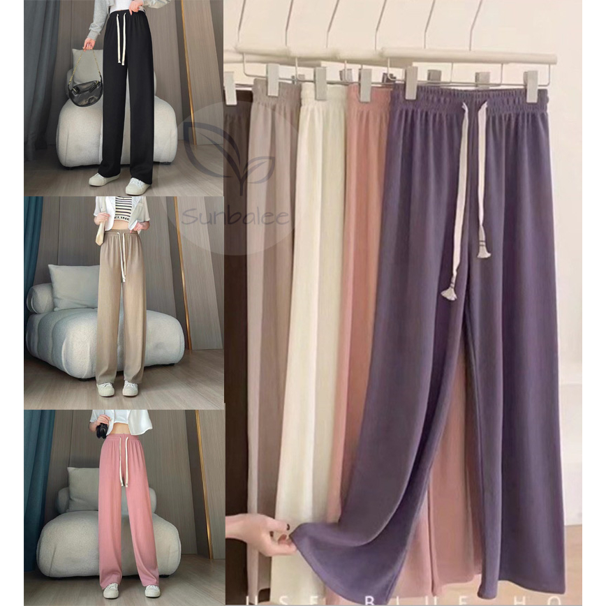 SUNBALEE 💜กางเกงขายาวสีพื้น กางเกงสไตล์เกาหลี กางเกงสำหรับผู้หญิง เอวยางยืด ผ้านิ่มใส่สบาย 💜BC