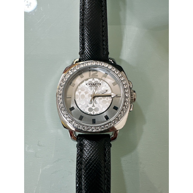 Like New นาฬิกาข้อมือCoach แท้ 14503152 BOYFRIEND Silver Tone Glitz Watch สายหนังสีดำ #ของแท้100% #มือ2 ส่งฟรี