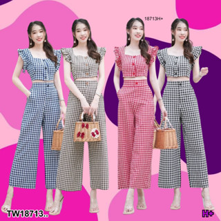 TwinsShopVip💗พร้อมส่ง TW18713 set 2 ชิ้น เสื้อครอปแขนระบายลายสก๊อต+ กางเกงลายสก็อตขายาว ..